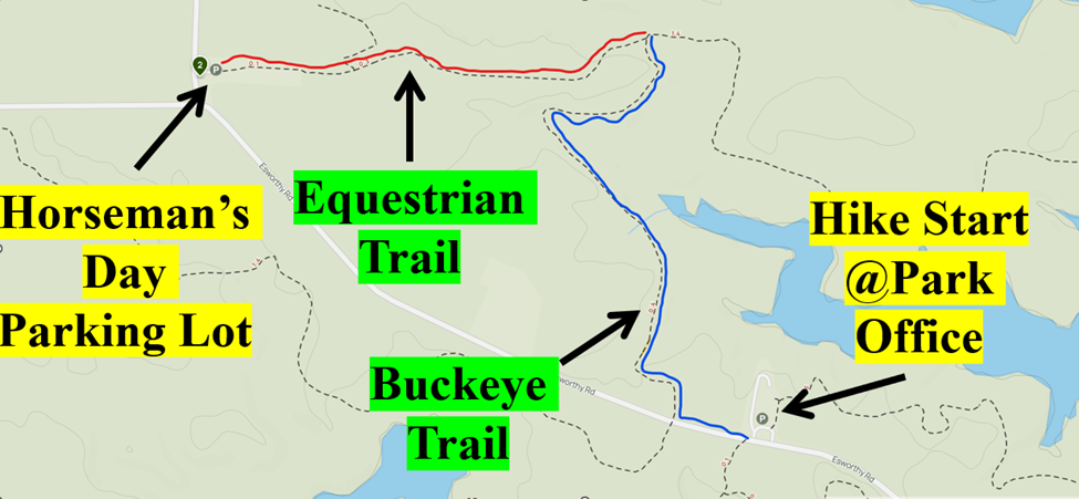 Hiking route from the Park Office to the Horseman’s Day Parking Lot. Blue: Buckeye Trail. Red: Equestrian Trail